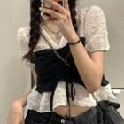 Mock Two-piece Short-sleeve Drawstring Top Black - One Size
