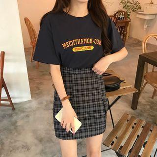 Set: Short Sleeve Printed T-shirt + Plaid Mini A-line Skirt