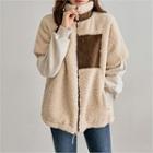 Short-sleeve Corduroy Trim Fleece Jacket Light Beige - One Size
