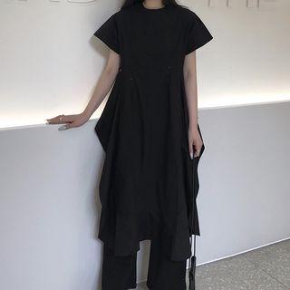 Asymmetric Hem Short-sleeve Midi Dress Black - One Size