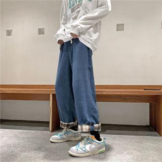 Roll Up Gingham Panel Corduroy Pants