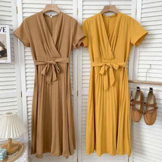 Pleated V-neck Maxi Dress With Sash In 9 Colors