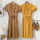 Pleated V-neck Maxi Dress With Sash In 9 Colors