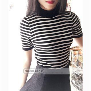Striped Mock Neck Short Sleeve Knit Top