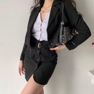 Set: Cropped Blazer + Single-breasted Striped Skirt