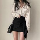 Long-sleeve Plain Shirt / Asymmetrical Mini Pencil Skirt