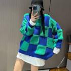 Color Block Plaid Fleece Knit Sweater