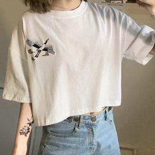 Crane Embroidered Short-sleeve Crop T-shirt