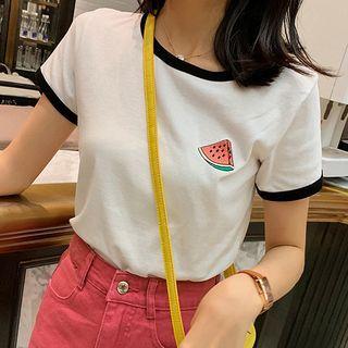 Short-sleeve Contrast Trim Fruit Printed Top