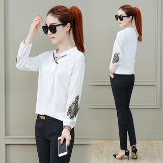 Set: Embroidered Blouse + Slim Fit Pants