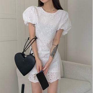 Puff-sleeve Eyelet Lace Mini Sheath Dress White - One Size
