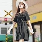 Short-sleeve Buttoned Shirred Dress