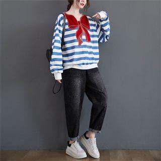 Bow-accent Striped Long-sleeve Sweater