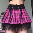 Plaid Lace-up Mesh Trim Mini A-line Skirt