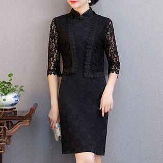 Set: Lace Jacket + Sleeveless Qipao Dress