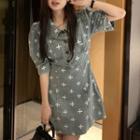 Puff-sleeve Star Print A-line Denim Dress