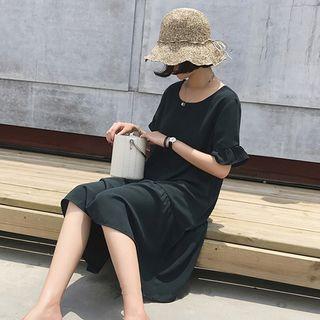 Elbow Sleeve Crisscross Back Ruffled Midi Dress