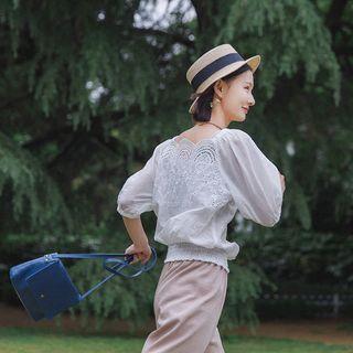 Plain Perforated Elbow-sleeve Top