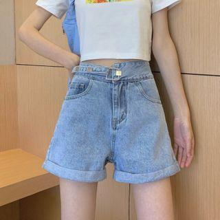 Asymmetric High-waist Denim Roll-up Wide-leg Shorts