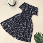 Short-sleeve Off Shoulder Floral Print A-line Midi Dress