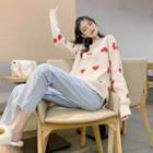 Long Sleeve Heart Print Loose Sweater As Shown In Figure - One Size