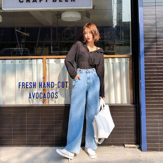 Side-tab Washed Wide-leg Jeans Light Blue - One Size