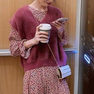 Set: Floral Print Long-sleeve Maxi A-line Dress + Knit Vest