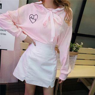 Set: Sailor Collar Heart Print Sweatshirt + Mini A-line Skirt