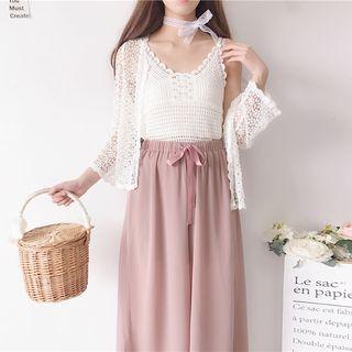 Wide Strap Chiffon Top / Spaghetti Strap Crochet Knit Top / Chiffon Jacket / Crochet Knit Jacket / Drawstring Pants