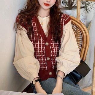 Plaid Button-up Sweater Vest / Plain Blouse / Set