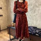 Floral Print Long-sleeve A-line Midi Dress Red - One Size