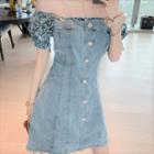 Short-sleeve Paneled Mini A-line Denim Dress