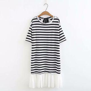 Elbow-sleeve Paneled Striped Midi T-shirt Dress