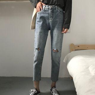Ripped Washed Cropped Straight-cut Jeans