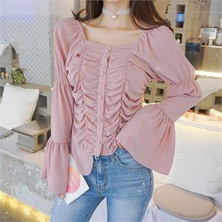 Shirred-front Frill-sleeve Chiffon Blouse