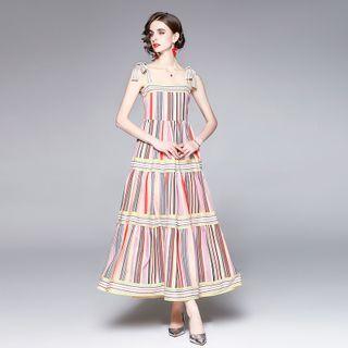 Spaghetti-strap Striped Maxi A-line Dress