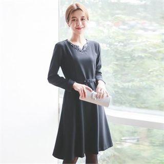 Faux-pearl Trim A-line Dress With Belt