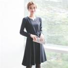 Faux-pearl Trim A-line Dress With Belt