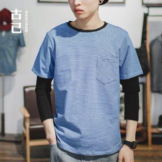 Color Panel Pinstriped 3/4 Sleeve T-shirt