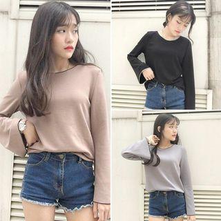 Plain Bell-sleeve Slim-fit Knit Top