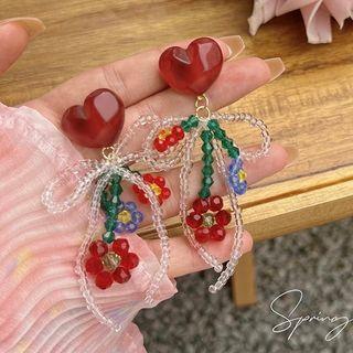 Flower Resin Fringed Earring 1 Pair - Red & Green - One Size