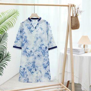3/4-sleeve Print Mini A-line Dress / Linen Wide Leg Pants