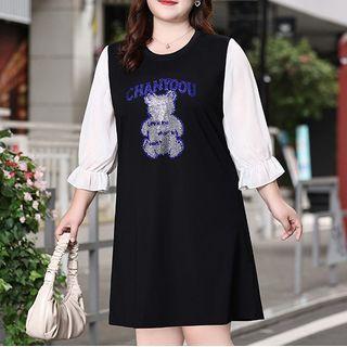 Mock Two-piece Puff-sleeve Rhinestone Bear Dress