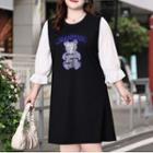 Mock Two-piece Puff-sleeve Rhinestone Bear Dress