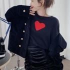 Corduroy Single-breasted Jacket / Velvet Mini Pencil Skirt / Heart Print Knit Top