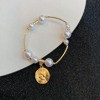 Embossed Alloy Faux Pearl Bracelet Gold - One Size
