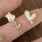 Heart Flower Asymmetrical Alloy Earring 1 Pair - Stud Earring - S925 Silver Needle - Gold - One Size