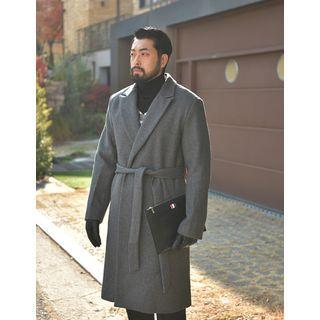 Peaked-lapel Wrap Coat With Sash