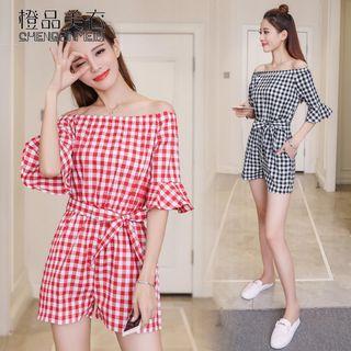 Off-shoulder Wrap-front Gingham Playsuit