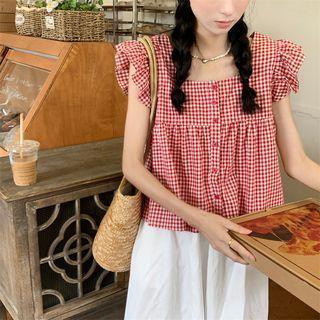 Ruffle Sleeves Gingham Blouse